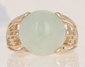 Round Cabochon Cut Light Green Jadeite Ring - 14k Yellow Gold Chinese Characters