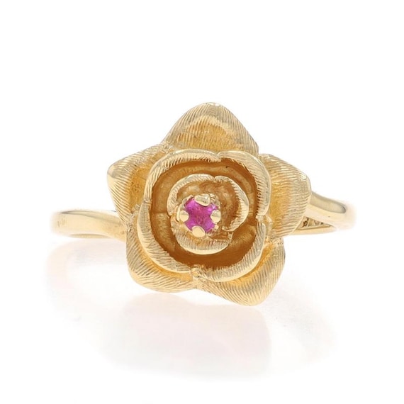 Yellow Gold Ruby Flower Solitaire Bypass Ring - 1… - image 1