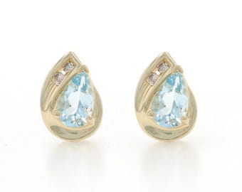 Yellow Gold Aquamarine Diamond Stud Earrings - 10k Pear 1.63ctw Teardrop Pierced