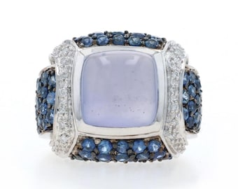 White Gold Blue Chalcedony Sapphire Diamond Ring - 14k Square Cabochon 10.14ctw