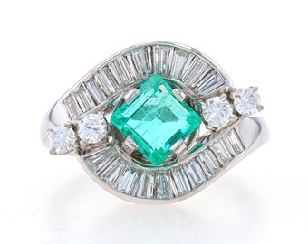 Platinum Emerald & Diamond Vintage Bypass Ring - Square Step Cut 2.33ctw Halo