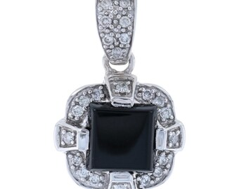 White Gold Onyx & Diamond Halo Pendant - 10k Round Brilliant Cut Accents .25ctw