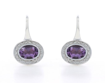 White Gold Amethyst Diamond Drop Halo Drop Earrings - 14k Oval 2.68ctw Pierced