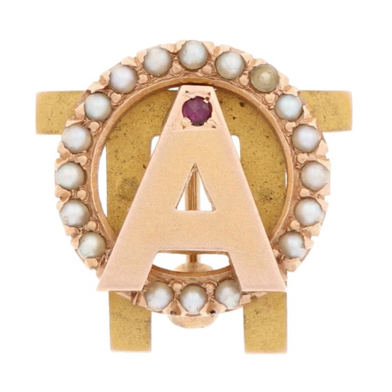 Alpha Omicron Pi Badge - 14k Gold Pearls Ruby Vin… - image 1