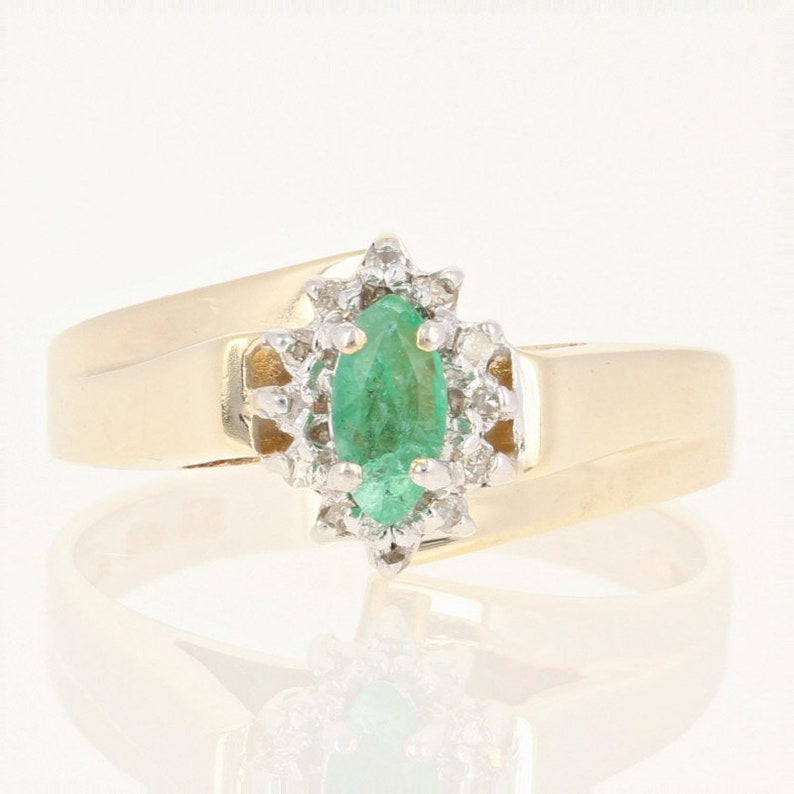 10k Gold Cathedral Bypass Marquise Brilliant .33ctw Emerald /& Diamond Halo Ring