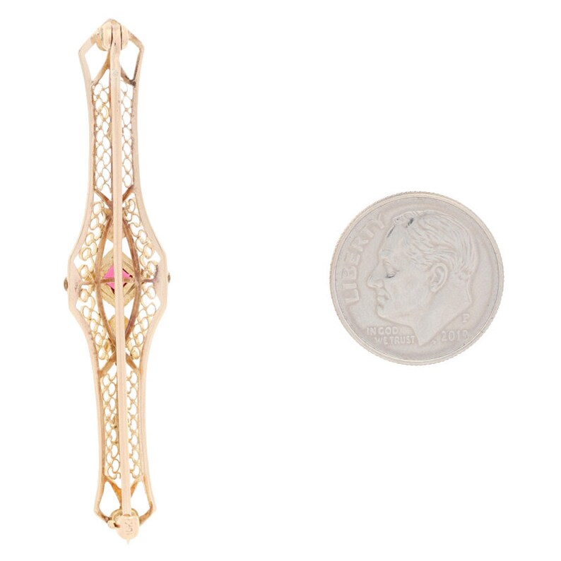 Square Cut Simulated Ruby Vintage Brooch .15ctw 10k Yellow Gold Filigree Pin