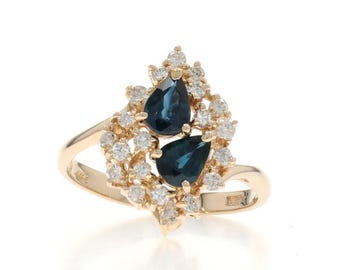 Yellow Gold Sapphire Diamond Bypass Ring - 14k Pear 1.30ctw Two-Stone