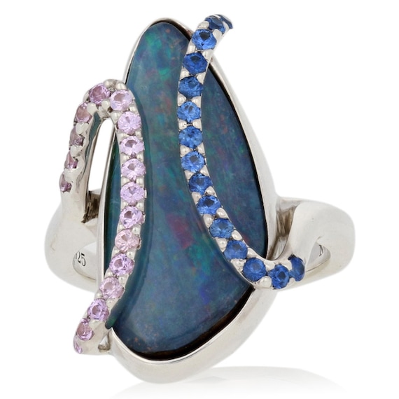 Boulder Opal & Sapphire Bypass Ring - Sterling Sil
