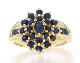 Yellow Gold Sapphire Cluster Cocktail Ring - 14k Pear & Round 1.53ctw Halo