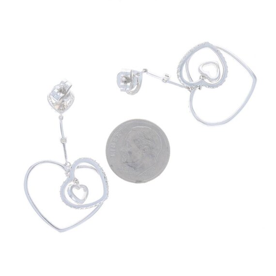White Gold Diamond Graduated Heart Dangle Earrings -14k Rnd 2.00ctw Love Pierced View 3