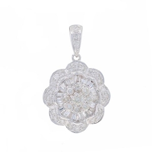 White Gold Diamond Flower Cluster Double Halo Pendant 18k Rnd and Baguette 2.00ctw image 1