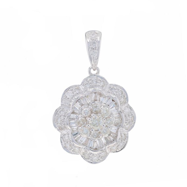 White Gold Diamond Flower Cluster Double Halo Pendant 18k Rnd and Baguette 2.00ctw image 1