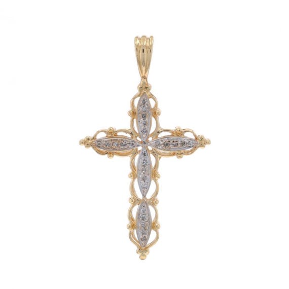 Yellow Gold Diamond Scalloped Cross Pendant - 10k… - image 1