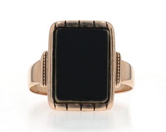 Yellow Gold Victorian Banded Agate Men's Ring - 10k Rectangular Antique