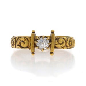 Yellow Gold Edwardian Solitaire Engagement Ring -14k Old Mine .25ct Floral 6 1/2