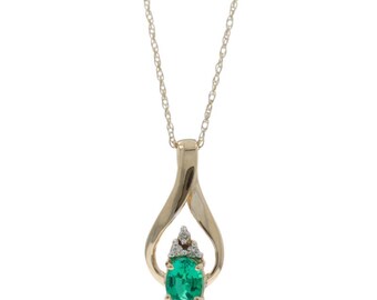 Yellow Gold Lab-Created Emerald Diamond Necklace 18 1/2" - 10k Oval .89ctw