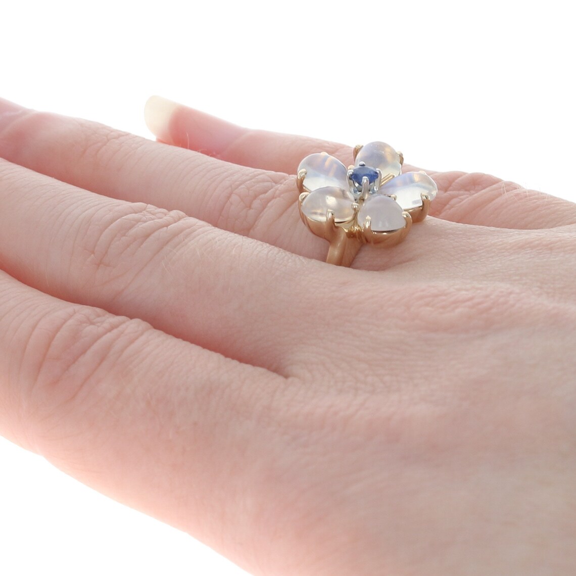 Yellow Gold Moonstone & Sapphire Flower Blossom Halo Ring Etsy