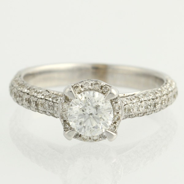 Diamond Halo Engagement Ring - 14k White Gold Solitaire Accents GSL Cert 1.46ctw