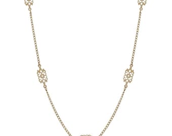 Yellow Gold Vintage Curb Chain Station Necklace 17 1/2" - 14k Floral Lace