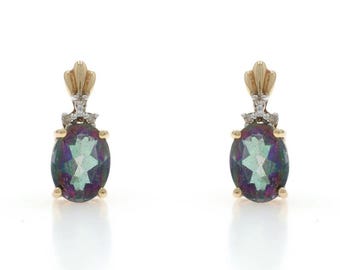 Yellow Gold Mystic Topaz Diamond Short Drop Earrings - 10k Oval 3.22ctw Pierced