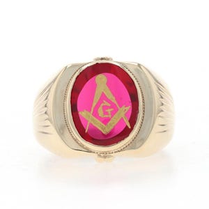 Yellow Gold Masonic Blue Lodge Men's Ring 10k Lab-Created Ruby Oval