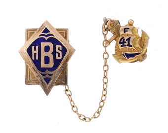 Yellow Gold High School Badge & Ship Guard Pin - 10k Blue Enamel Berkeley 1941