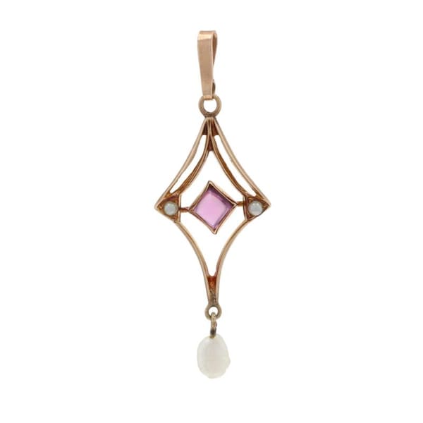 Colgante lavaliere Art Deco de oro amarillo con amatista y perla, cabujón cuadrado de 10k, estilo vintage.