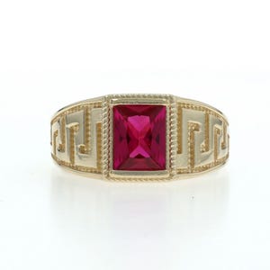 Yellow Gold Lab-Created Ruby Greek Key Men's Ring - 14k Rect 1.60ct Solitaire