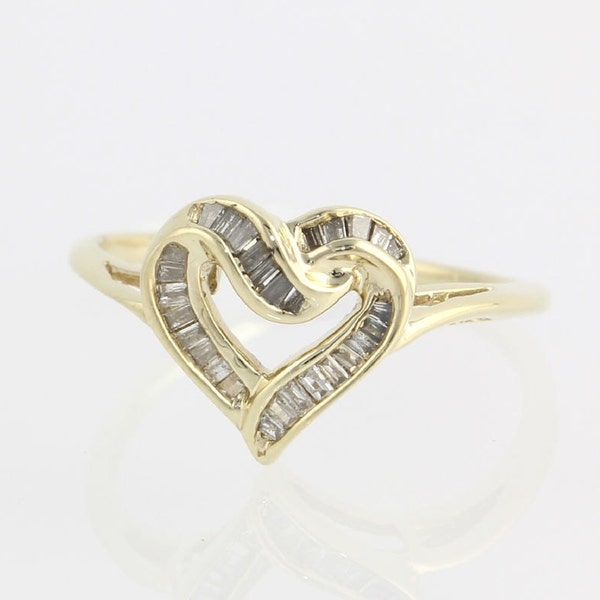 Diamond Heart Ring - 10k Yellow Gold Genuine 1/4ctw Baguettes Fine Estate Love x3157