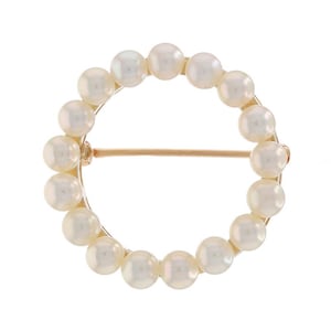 Yellow Gold Cultured Pearls Circle Wreath Brooch Pin - 14k