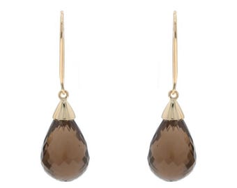 Yellow Gold Smoky Quartz Dangle Earrings - 14k Briolette Pierced