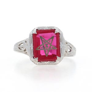 White Gold Order of the Eastern Star Ring 10k Lab-Created Ruby Masonic OES