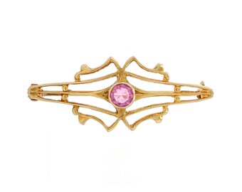 Yellow Gold Pink Glass Vintage Solitaire Brooch - 10k Pin