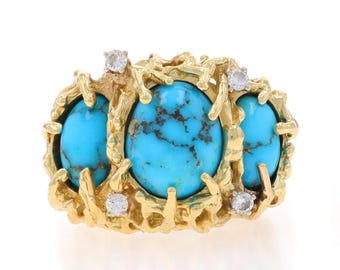 Yellow Gold Turquoise and Diamond Ring - 14k Oval Cabochon .16ctw Three-Stone Sz 7