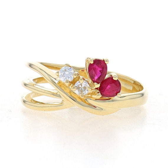 Yellow Gold Ruby & Diamond Crossover Ring - 14k P… - image 1