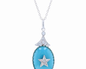White Gold Turquoise & Diamond Star Pendant Necklace 16 1/4" - 14k Oval .10ctw
