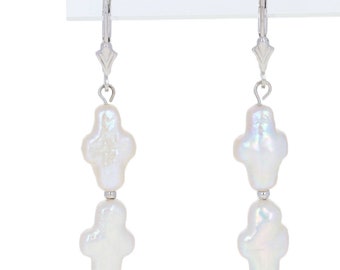 White Gold Freshwater Pearl Earrings - 14k Cross-Shaped Pierced Dangles