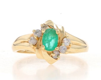 Yellow Gold Emerald & White Sapphire Ring - 10k Oval .57ctw