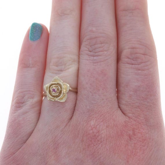 Yellow Gold Ruby Flower Solitaire Bypass Ring - 1… - image 2