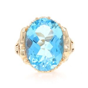 Yellow Gold Blue Topaz Elephant Cocktail Solitaire Ring - 10k Oval 12.40ct
