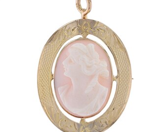 Yellow Gold Pink Shell Vintage Brooch/Pendant - 10k Carved Cameo Silhouette Pin