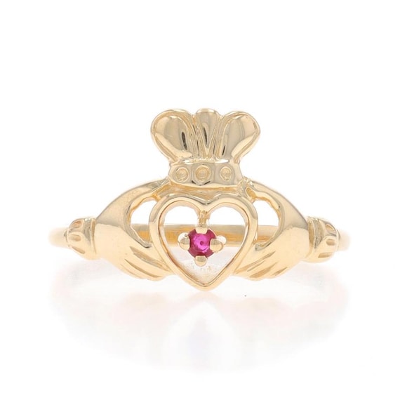 Yellow Gold Ruby Solitaire Claddagh Ring - 14k Ro… - image 1