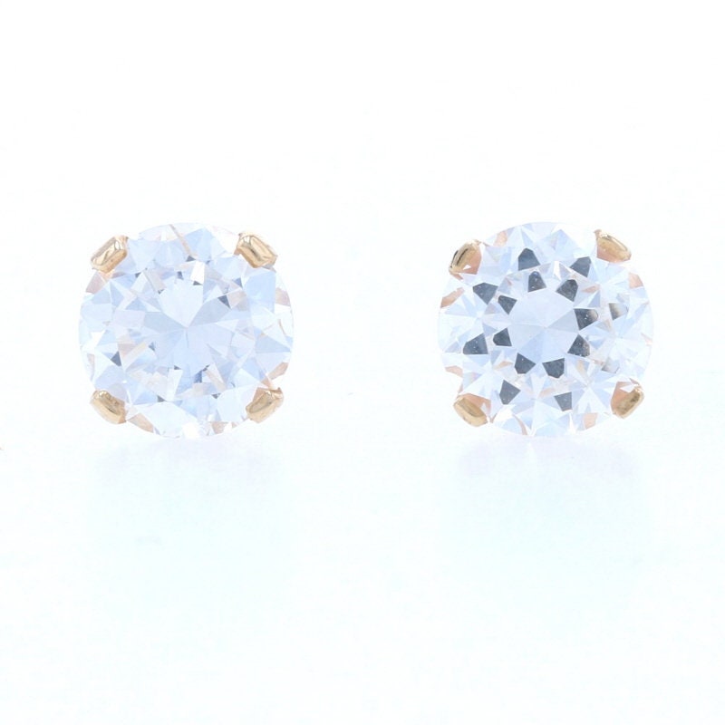 CZ Stud Earrings - 14k Yellow Gold Round Solitaire Cubic Zirconia 1ctw