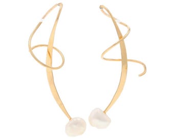 Yellow Gold Cultured Freshwater Pearl Spiral Threader Drop Earrings -14k Pierced