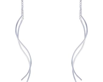 White Gold Wavy Threader Dangle Earrings 14k Minimalist Pierced