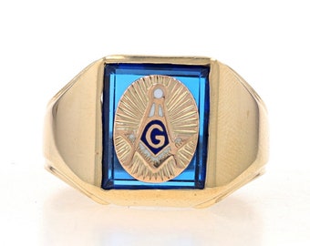 Yellow Gold Blue Lodge Men's Master Mason Ring -10k Lab-Created Sapphire Masonic