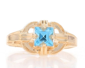 Yellow Gold Blue Glass Art Deco Solitaire Ring - 10k Square Cut Milgrain