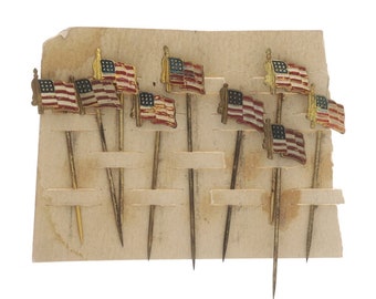 Gold Toned Set of 9 American Flag Stickpins - Patriotic Vintage Enamel