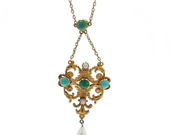 Yellow Gold Turquoise Pearls Edwardian Lavalier Pendant Necklace 15 1/4" 18k