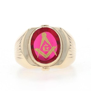 Yellow Gold Masonic Blue Lodge Men's Ring 10k Lab-Created Ruby Oval